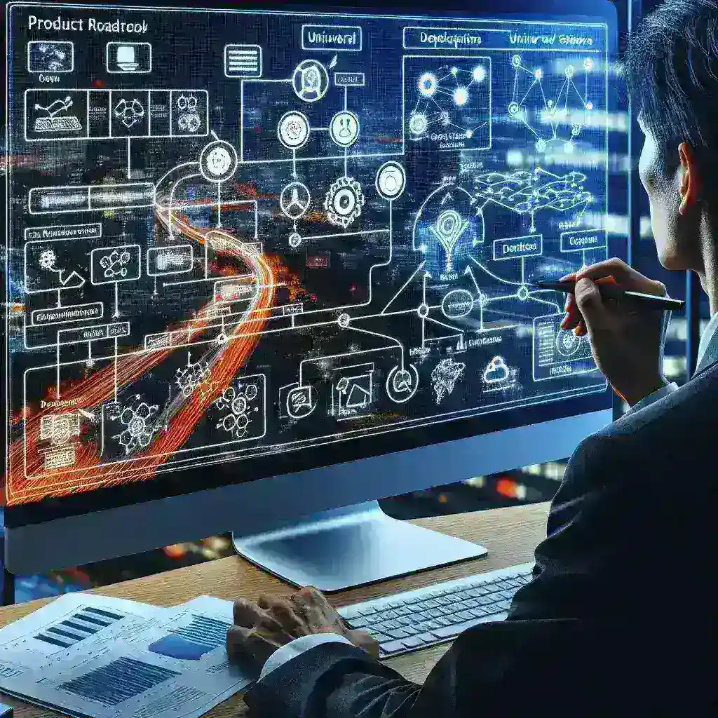 "Team collaborating on a digital product roadmap using software tools for strategic planning and project management."